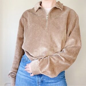 ASOS Tan Corduroy Long Sleeve Quarter Zip Pullover Top